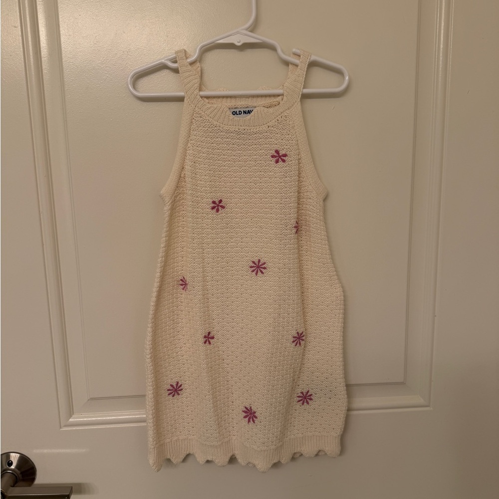 Old Navy Cream Knit Tank Dress with Pink Floral Accents